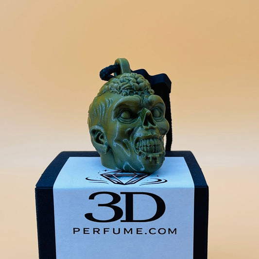 Zombie head car aroma diffuser on a black box with '3D Perfume.com' label against a beige background