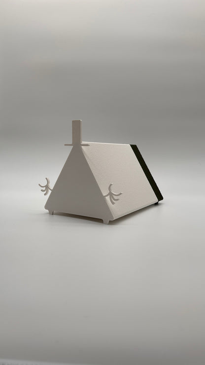 White teepee-style tent with decorative elements on a light gray background