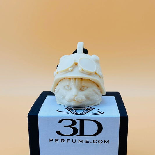 Car aroma diffuser shaped as a cat with an army helmet on a 3D Perfume.com branded stand.