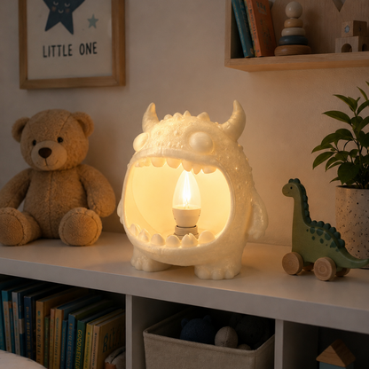 A whimsical monster-shaped night light with a glowing bulb inside, displayed on a shelf in a child's bedroom next to a teddy bear and a dinosaur toy.
