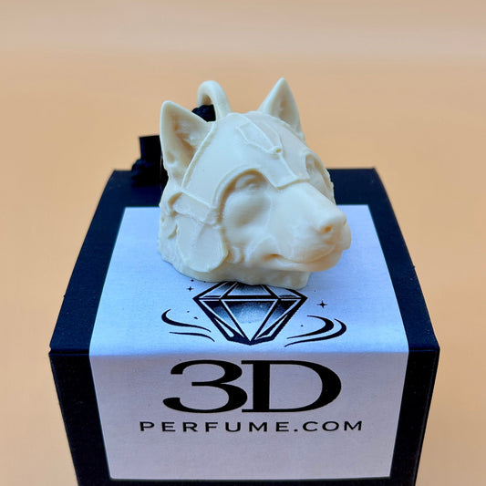 White wolf-shaped perfume bottle on a black box with '3D Perfume.com' branding.